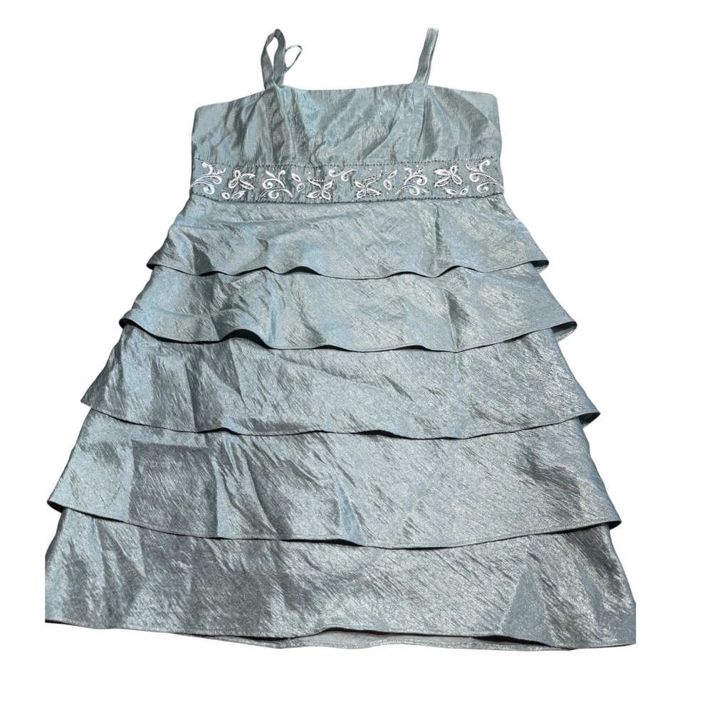 R&M Richards 2-Piece Dress Set Womens 10 Sage Green Shimmer Tiered Ruffle Bolero